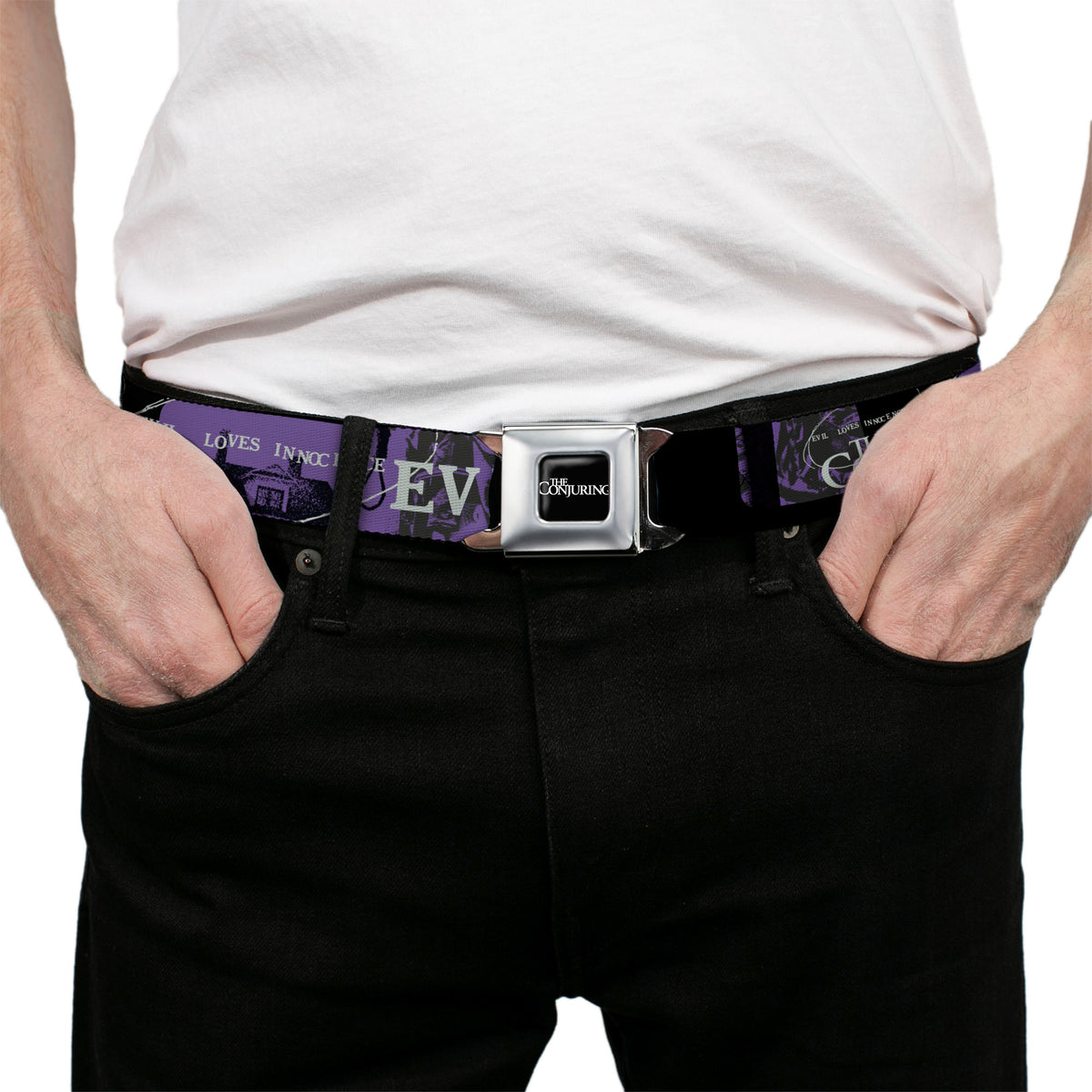 THE CONJURING Title Logo Full Color Black/White Seatbelt Belt - THE CONJURING EVIL LOVES INNOCENCE Purple/Black Webbing Seatbelt Belts The Conjuring