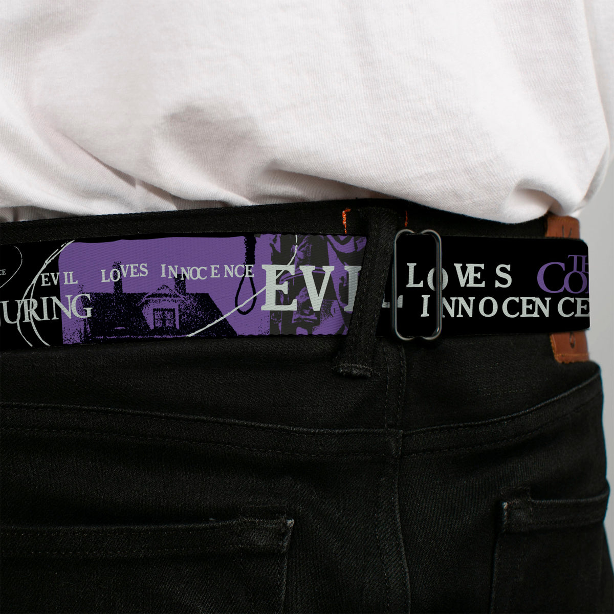 THE CONJURING Title Logo Full Color Black/White Seatbelt Belt - THE CONJURING EVIL LOVES INNOCENCE Purple/Black Webbing Seatbelt Belts The Conjuring