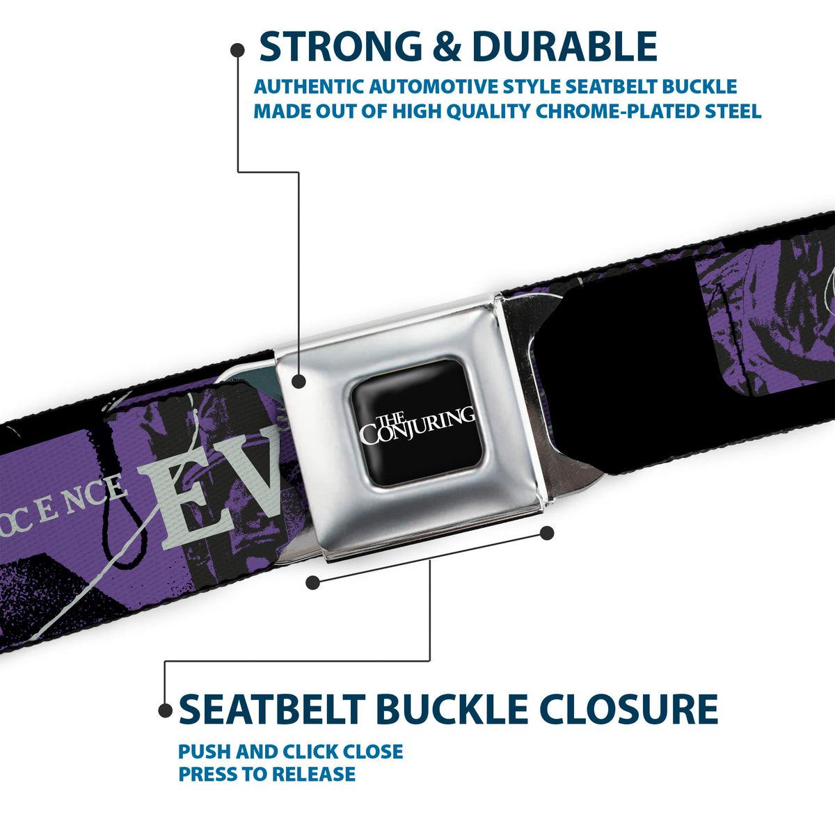 THE CONJURING Title Logo Full Color Black/White Seatbelt Belt - THE CONJURING EVIL LOVES INNOCENCE Purple/Black Webbing Seatbelt Belts The Conjuring