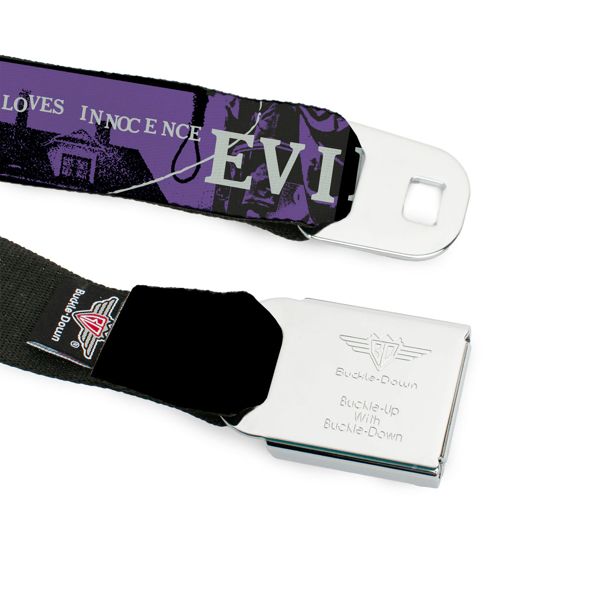 THE CONJURING Title Logo Full Color Black/White Seatbelt Belt - THE CONJURING EVIL LOVES INNOCENCE Purple/Black Webbing Seatbelt Belts The Conjuring