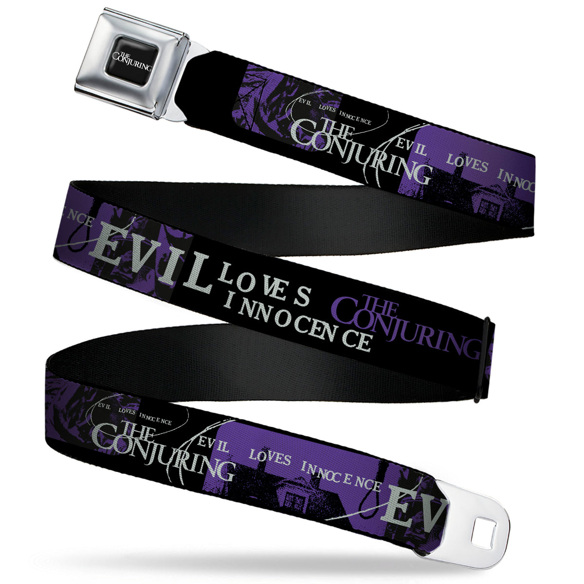 THE CONJURING Title Logo Full Color Black/White Seatbelt Belt - THE CONJURING EVIL LOVES INNOCENCE Purple/Black Webbing Seatbelt Belts The Conjuring