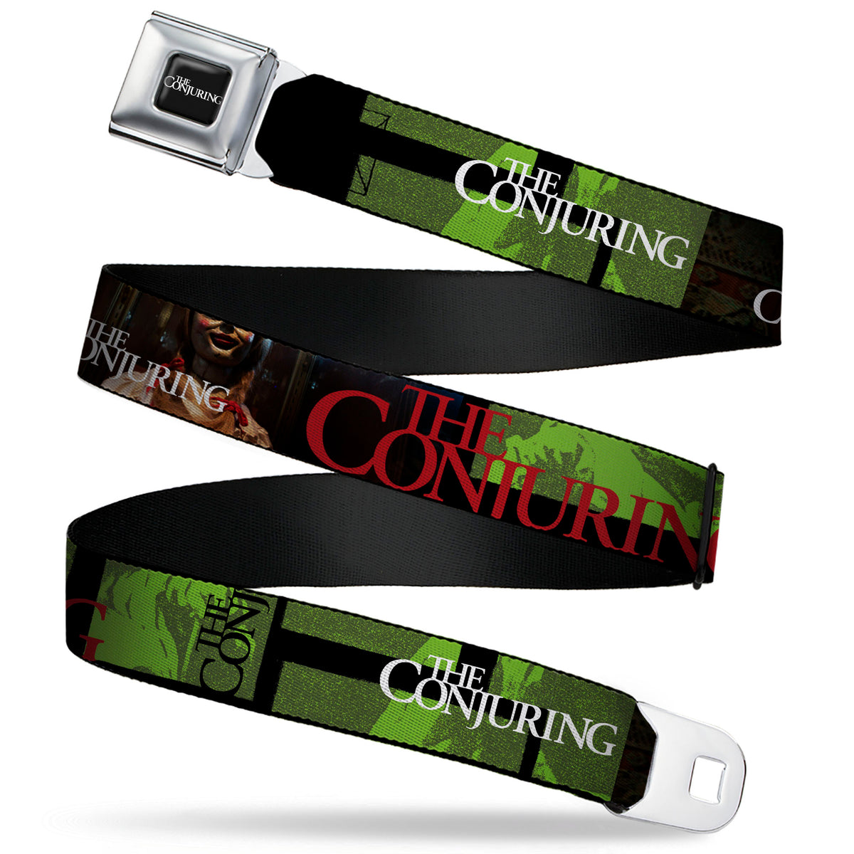 THE CONJURING Title Logo Full Color Black/White Seatbelt Belt - THE CONJURING Annabelle Pose and Blocks Black/Greens/Red Webbing Seatbelt Belts The Conjuring