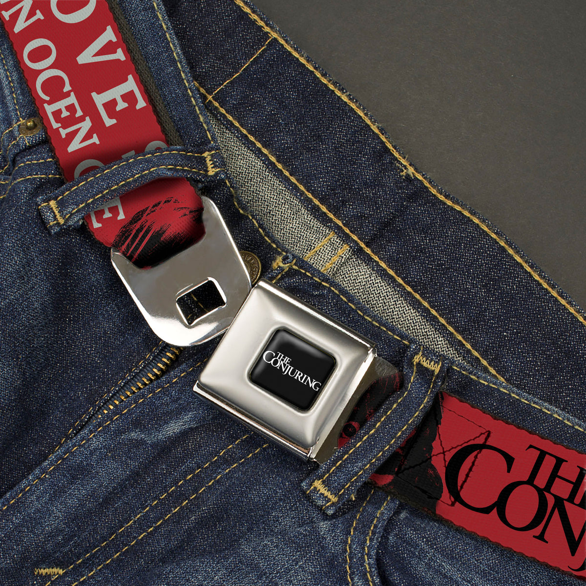 THE CONJURING Title Logo Full Color Black/White Seatbelt Belt - THE CONJURING EVIL LOVES INNOCENCE Annabelle Red/Black/White Webbing Seatbelt Belts The Conjuring