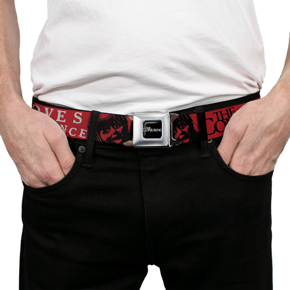 THE CONJURING Title Logo Full Color Black/White Seatbelt Belt - THE CONJURING EVIL LOVES INNOCENCE Annabelle Red/Black/White Webbing Seatbelt Belts The Conjuring