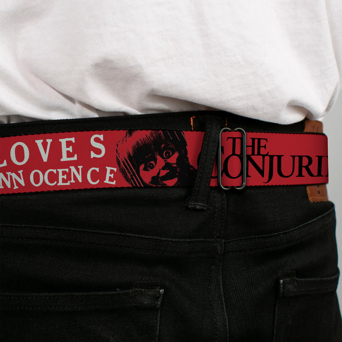THE CONJURING Title Logo Full Color Black/White Seatbelt Belt - THE CONJURING EVIL LOVES INNOCENCE Annabelle Red/Black/White Webbing Seatbelt Belts The Conjuring