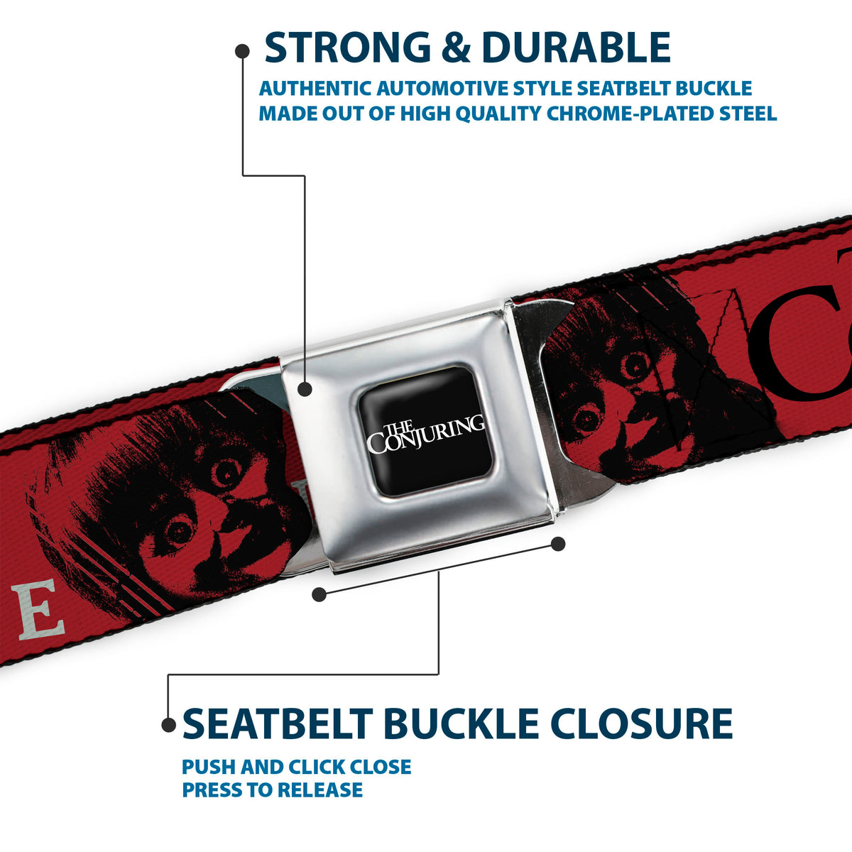 THE CONJURING Title Logo Full Color Black/White Seatbelt Belt - THE CONJURING EVIL LOVES INNOCENCE Annabelle Red/Black/White Webbing Seatbelt Belts The Conjuring