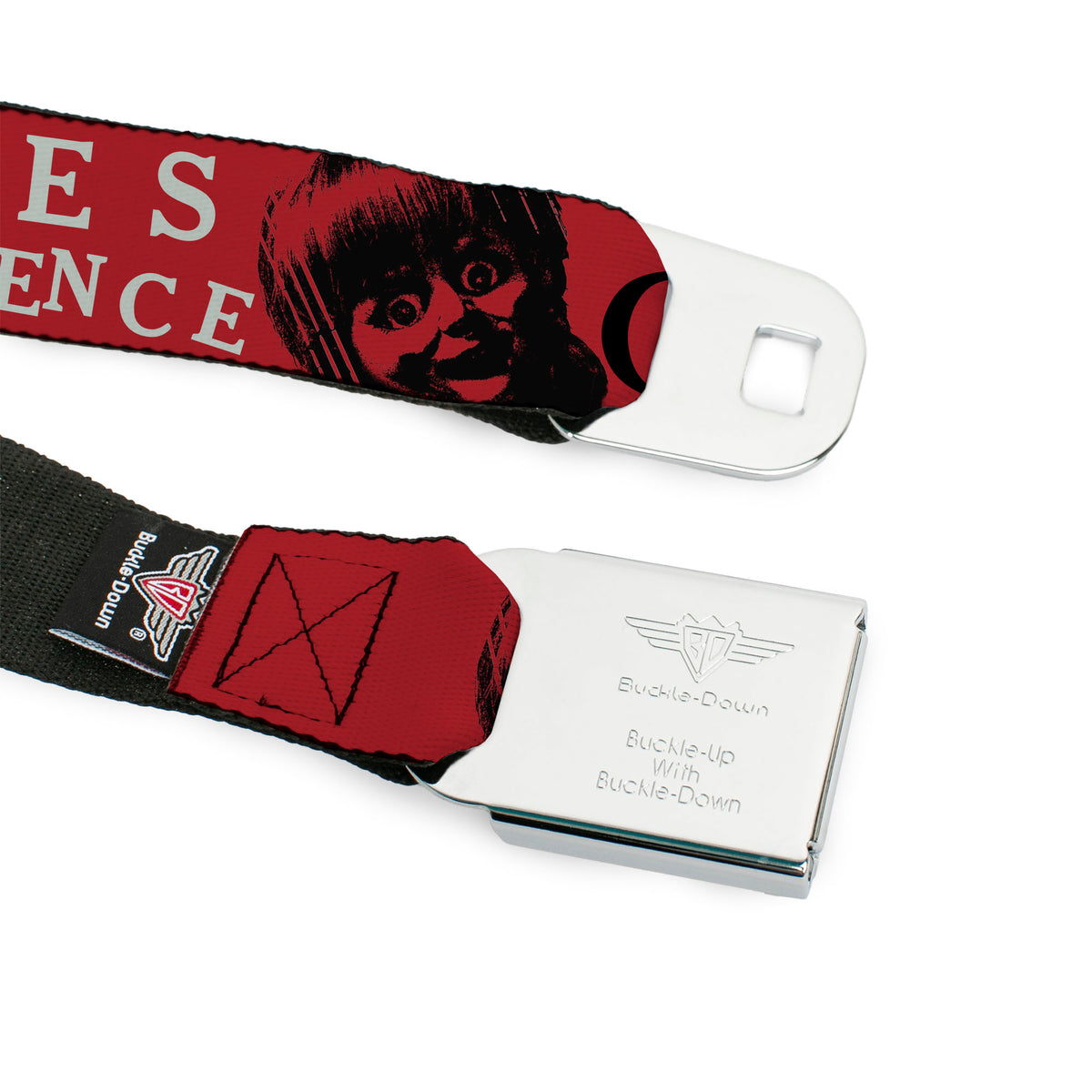 THE CONJURING Title Logo Full Color Black/White Seatbelt Belt - THE CONJURING EVIL LOVES INNOCENCE Annabelle Red/Black/White Webbing Seatbelt Belts The Conjuring