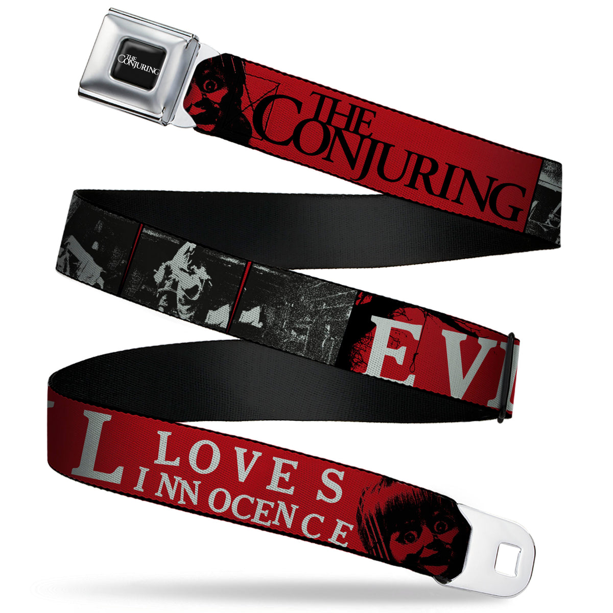 THE CONJURING Title Logo Full Color Black/White Seatbelt Belt - THE CONJURING EVIL LOVES INNOCENCE Annabelle Red/Black/White Webbing Seatbelt Belts The Conjuring