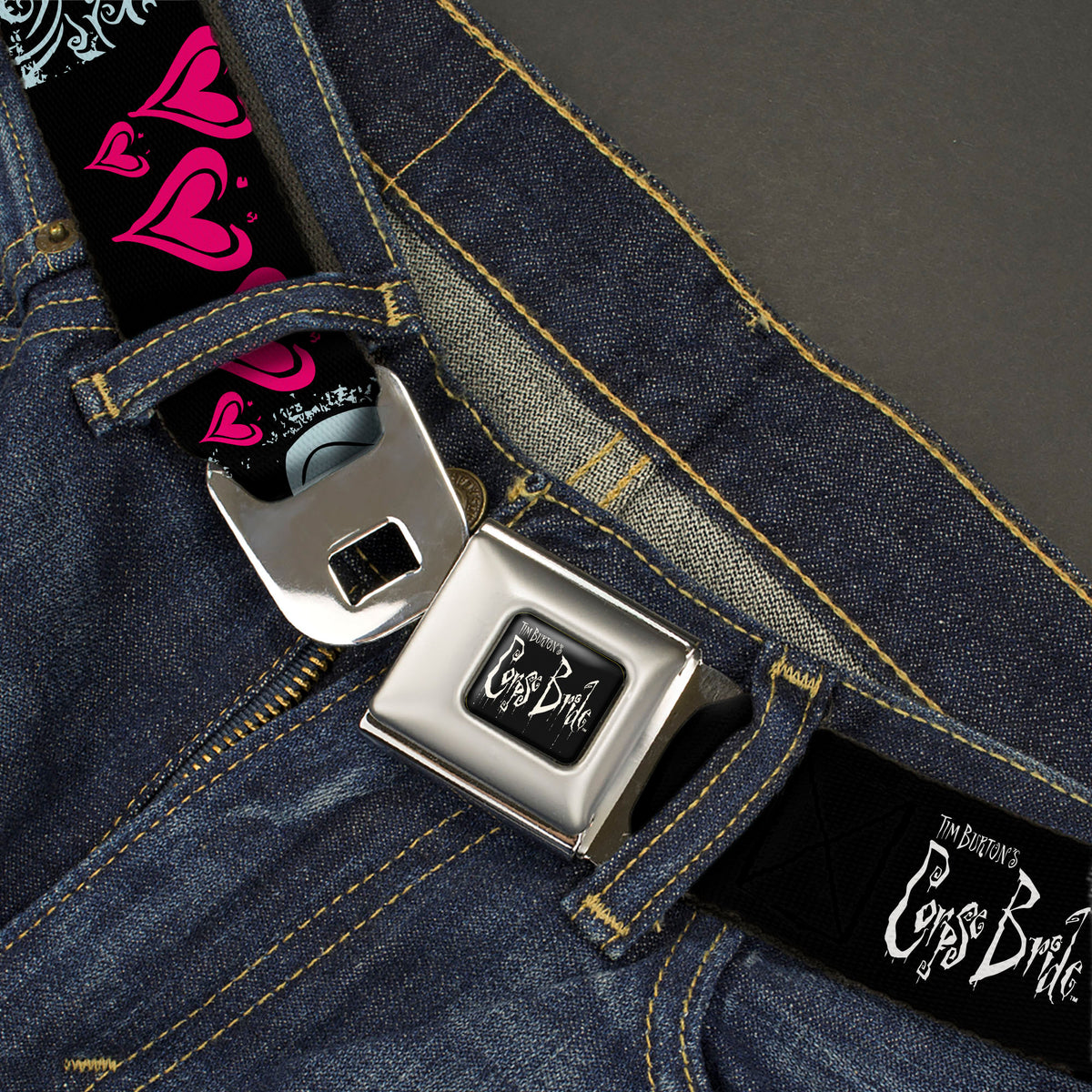 CORPSE BRIDE Title Logo Full Color Black/White Seatbelt Belt - CORPSE BRIDE Emily Hearts and Skull Black/Gray/Pink Webbing Seatbelt Belts Corpse Bride