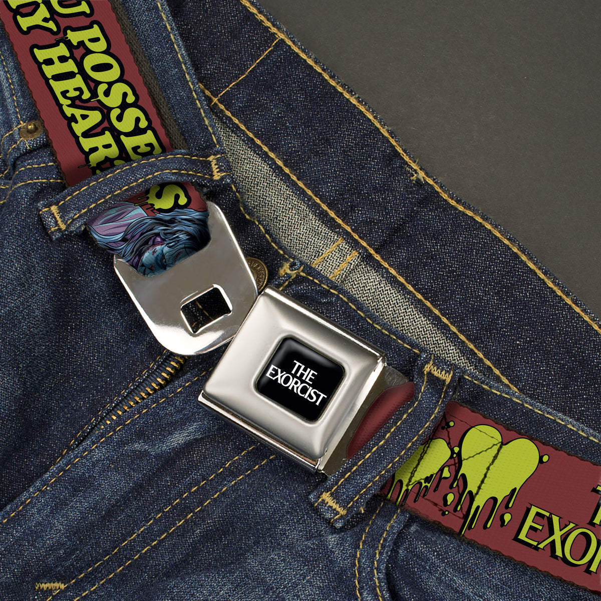 THE EXORCIST Title Logo Full Color Black/White Seatbelt Belt - THE EXORCIST Regan YOU POSSESS MY HEART Pose Red/Yellow Webbing Seatbelt Belts The Exorcist