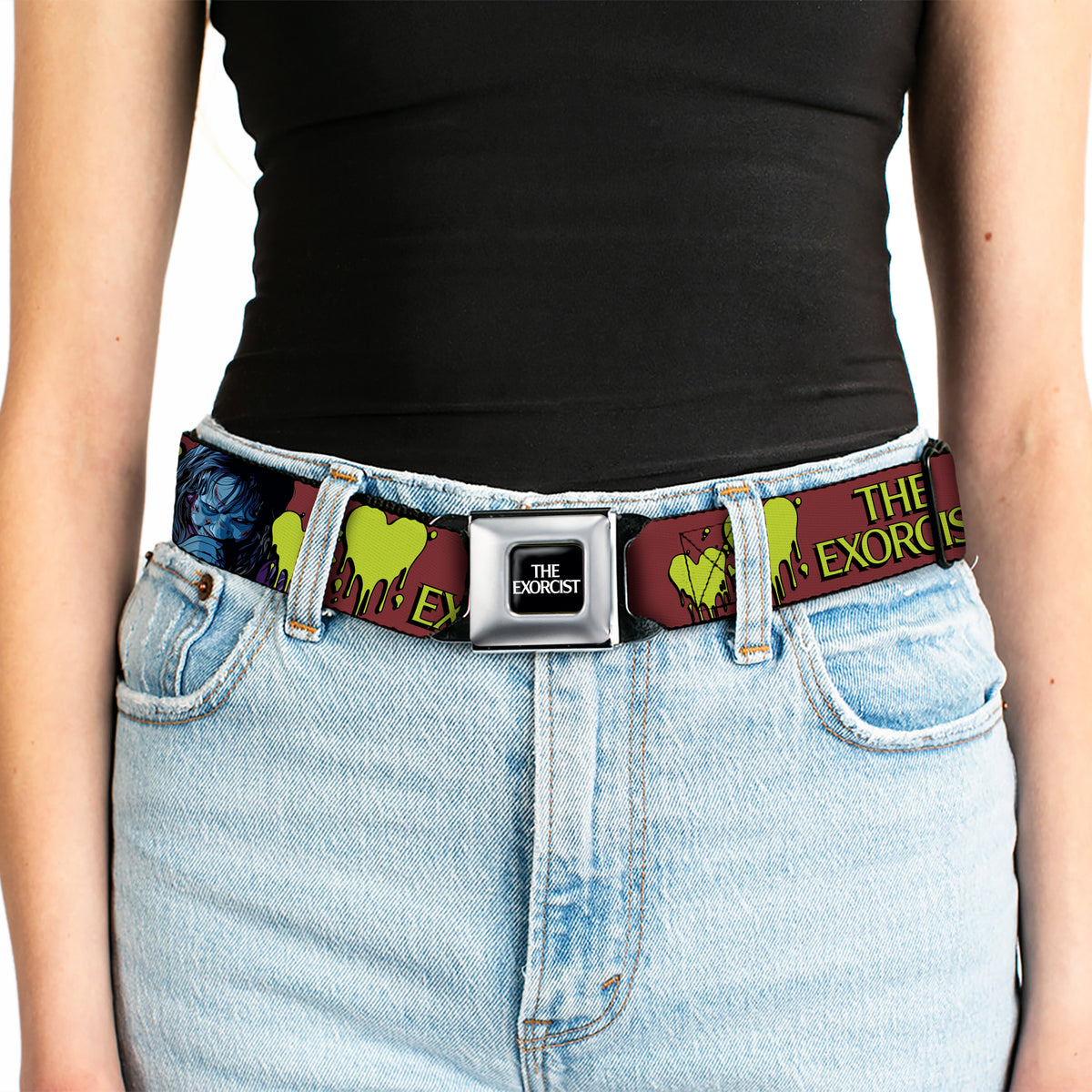 THE EXORCIST Title Logo Full Color Black/White Seatbelt Belt - THE EXORCIST Regan YOU POSSESS MY HEART Pose Red/Yellow Webbing Seatbelt Belts The Exorcist