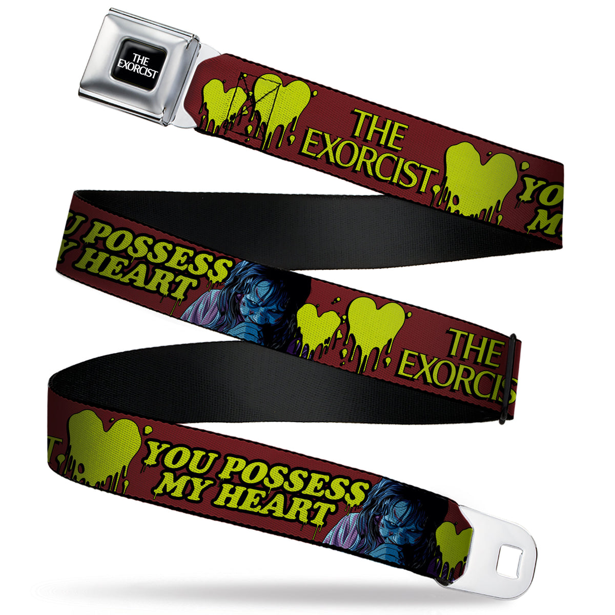 THE EXORCIST Title Logo Full Color Black/White Seatbelt Belt - THE EXORCIST Regan YOU POSSESS MY HEART Pose Red/Yellow Webbing Seatbelt Belts The Exorcist