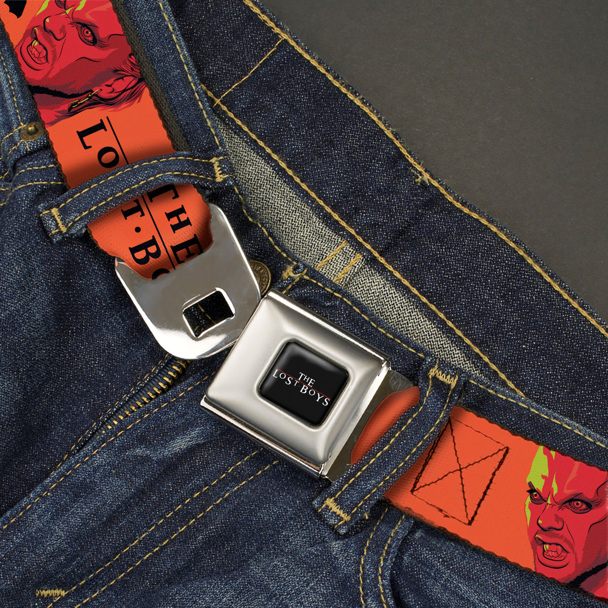 THE LOST BOYS Title Logo Full Color Black/White Seatbelt Belt - The Lost Boys YOU'RE JUST MY BLOOD TYPE David Pose Orange/Black Webbing Seatbelt Belts The Lost Boys