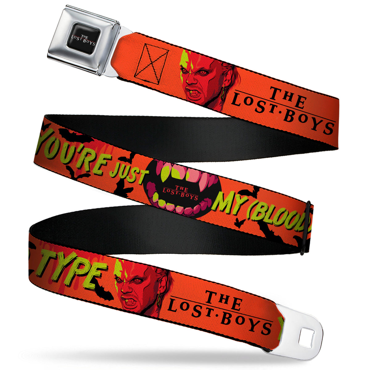THE LOST BOYS Title Logo Full Color Black/White Seatbelt Belt - The Lost Boys YOU'RE JUST MY BLOOD TYPE David Pose Orange/Black Webbing Seatbelt Belts The Lost Boys