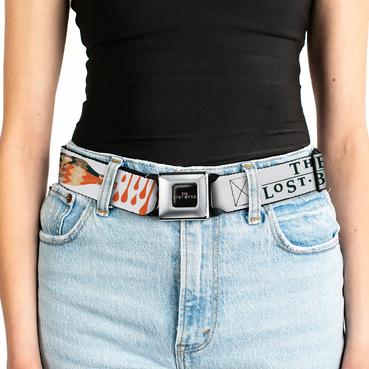THE LOST BOYS Title Logo Full Color Black/White Seatbelt Belt - THE LOST BOYS Edgar and Alan Pop Art Icons Collage White Webbing Seatbelt Belts The Lost Boys