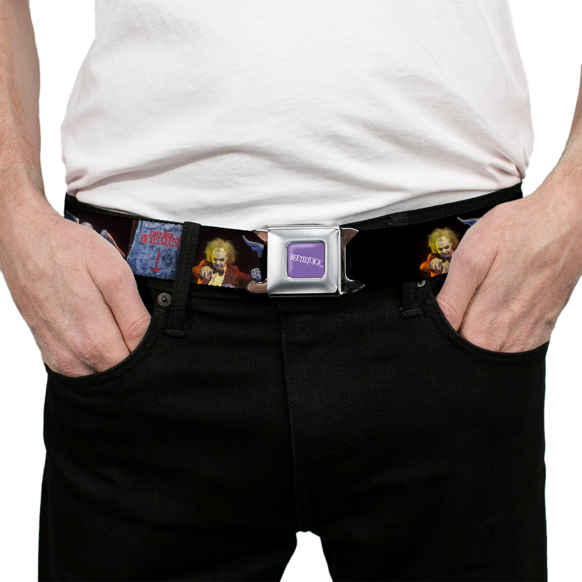 BEETLEJUICE Text Logo Full Color Purple/White Seatbelt Belt - Beetlejuice Graveyard Gargoyle Pose Black Webbing Seatbelt Belts Beetlejuice