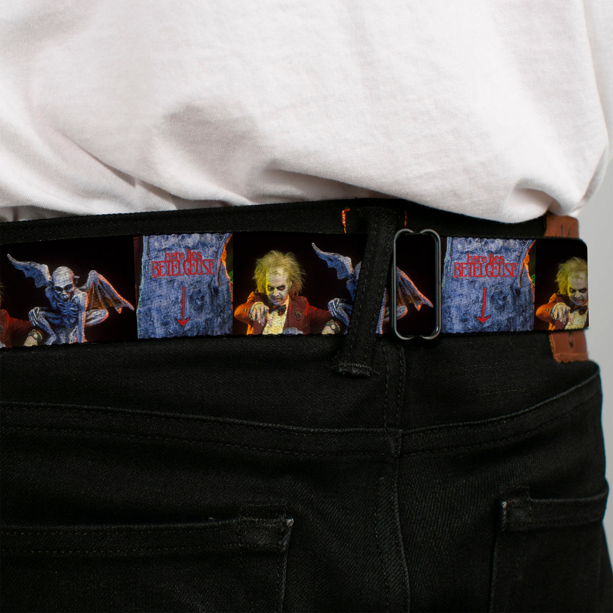 BEETLEJUICE Text Logo Full Color Purple/White Seatbelt Belt - Beetlejuice Graveyard Gargoyle Pose Black Webbing Seatbelt Belts Beetlejuice