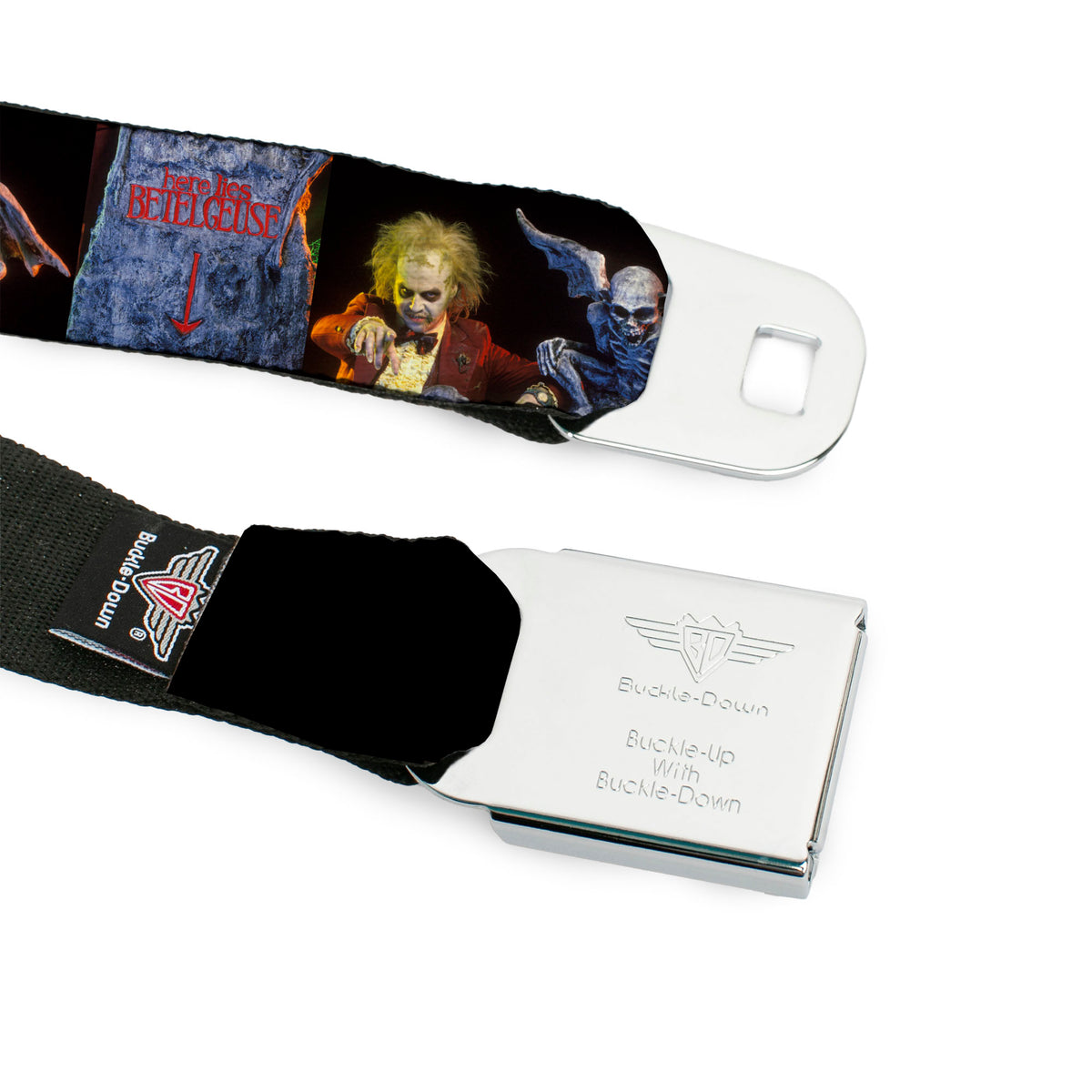 BEETLEJUICE Text Logo Full Color Purple/White Seatbelt Belt - Beetlejuice Graveyard Gargoyle Pose Black Webbing Seatbelt Belts Beetlejuice
