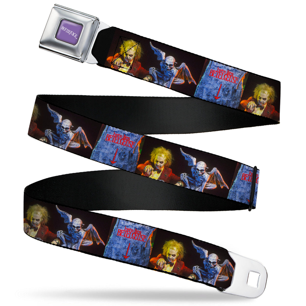 BEETLEJUICE Text Logo Full Color Purple/White Seatbelt Belt - Beetlejuice Graveyard Gargoyle Pose Black Webbing Seatbelt Belts Beetlejuice