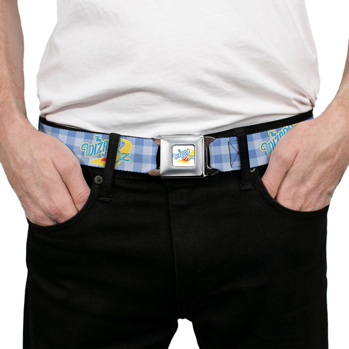THE WIZARD OF OZ Logo Full Color White Seatbelt Belt - THE WIZARD OF OZ Logo Gingham Checker Blues Webbing Seatbelt Belts The Wizard of Oz