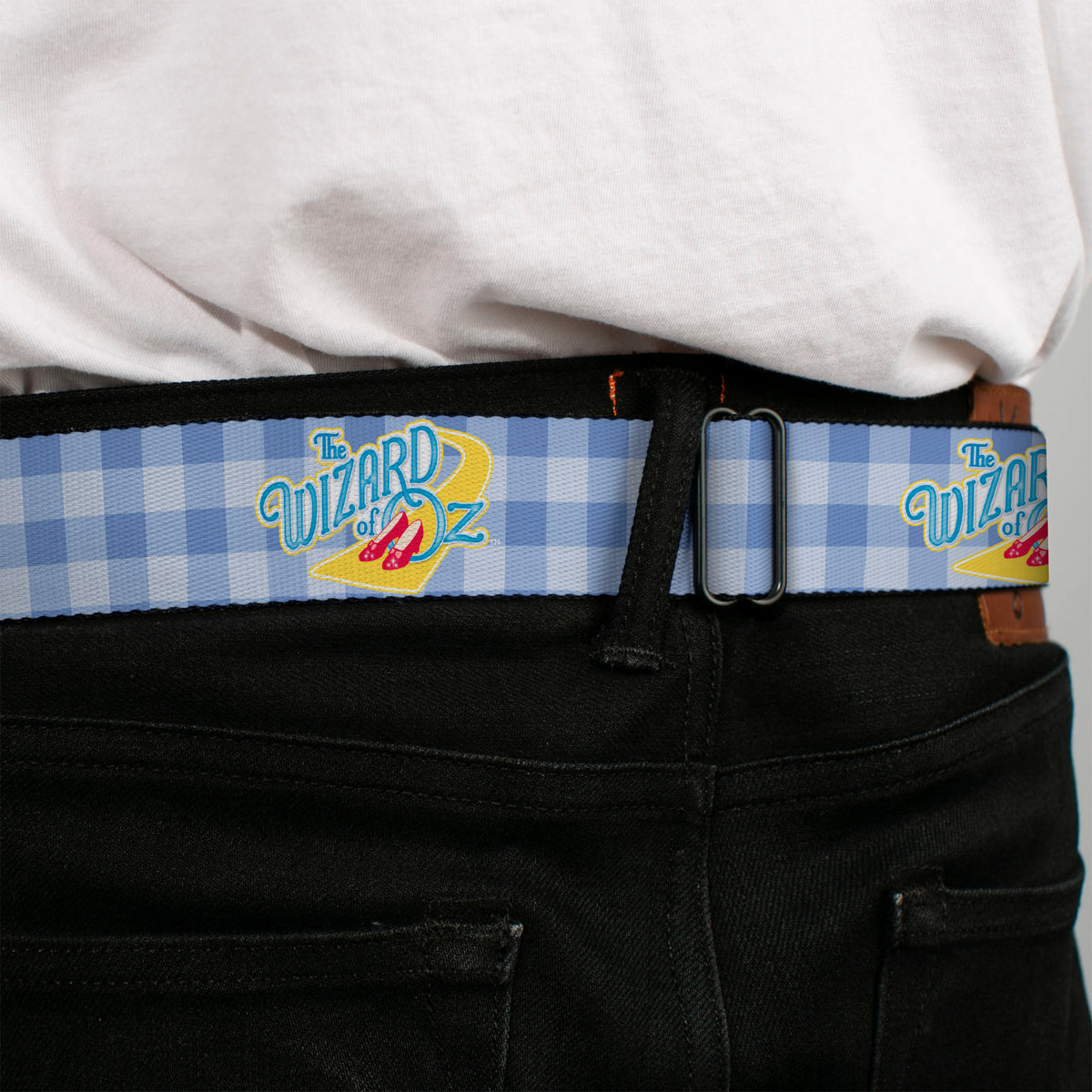 THE WIZARD OF OZ Logo Full Color White Seatbelt Belt - THE WIZARD OF OZ Logo Gingham Checker Blues Webbing Seatbelt Belts The Wizard of Oz