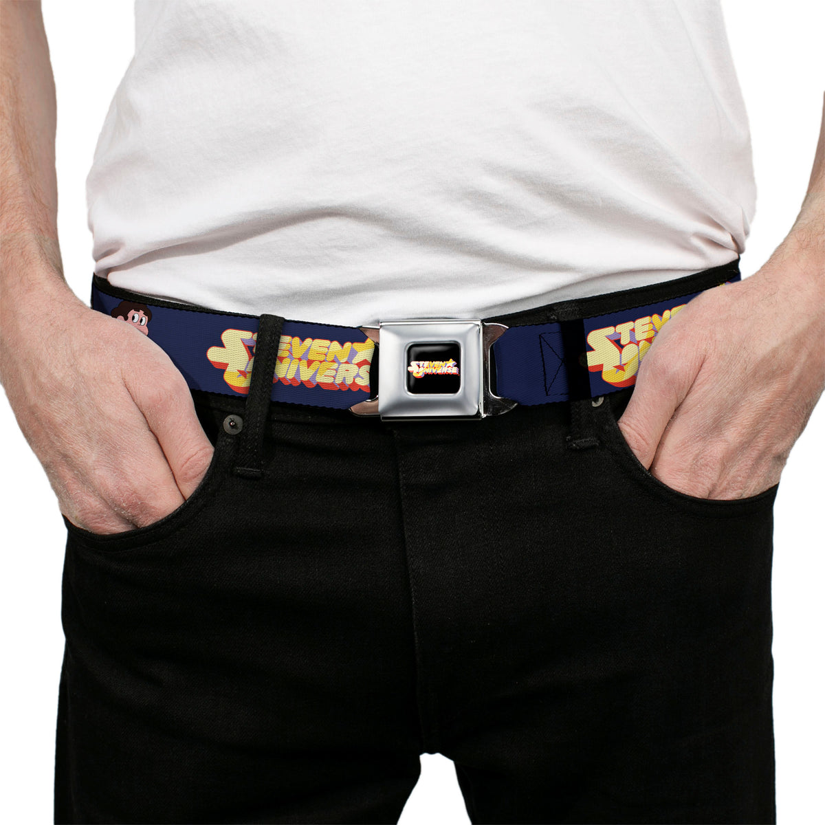 STEVEN UNIVERSE Title Logo Full Color Black Seatbelt Belt - STEVEN UNIVERSE Sitting Pose and Title Logo Navy Blue Webbing Seatbelt Belts Steven Universe