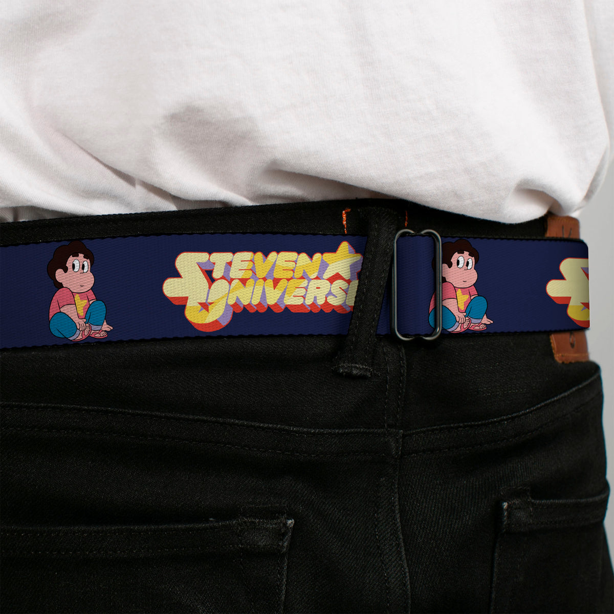 STEVEN UNIVERSE Title Logo Full Color Black Seatbelt Belt - STEVEN UNIVERSE Sitting Pose and Title Logo Navy Blue Webbing Seatbelt Belts Steven Universe