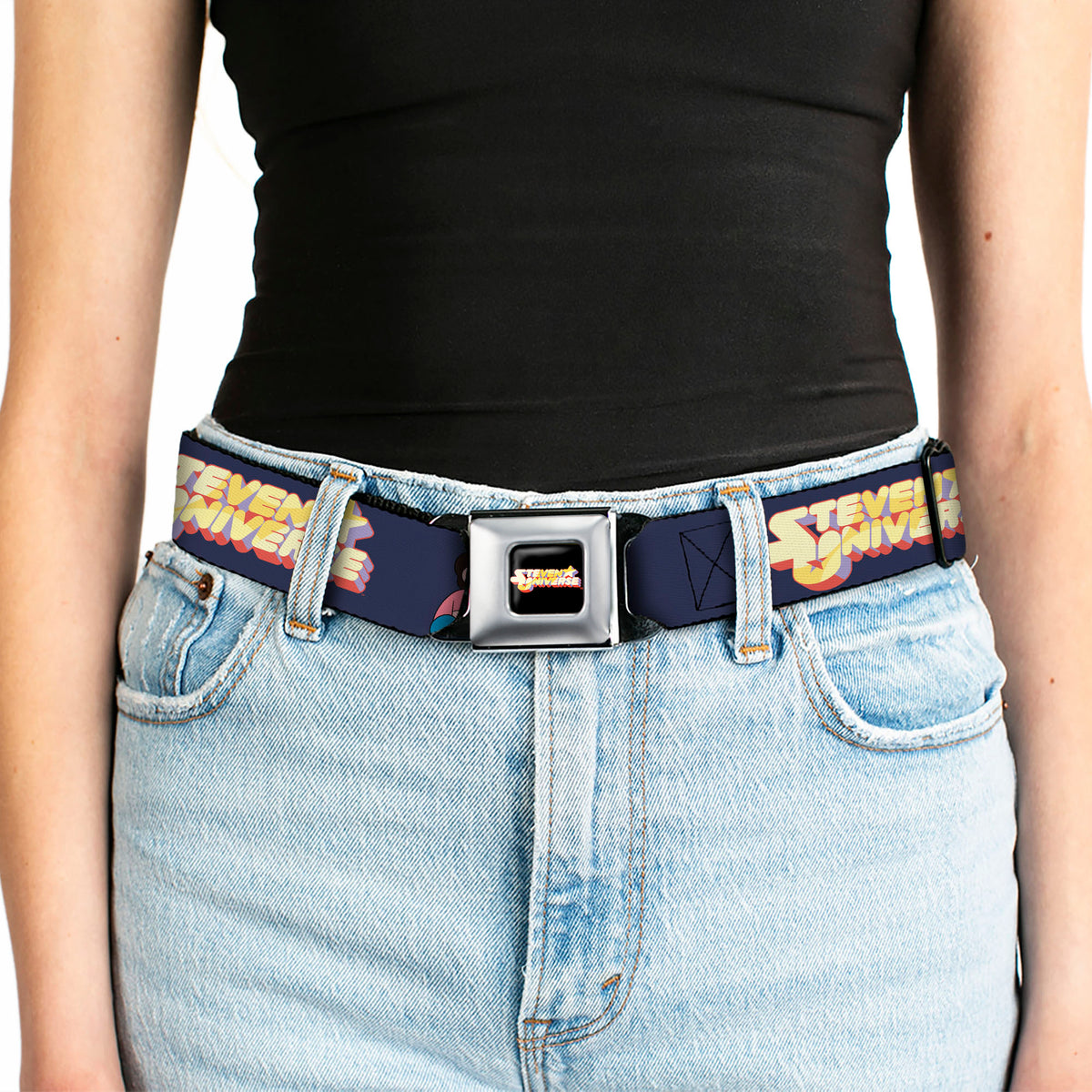 STEVEN UNIVERSE Title Logo Full Color Black Seatbelt Belt - STEVEN UNIVERSE Sitting Pose and Title Logo Navy Blue Webbing Seatbelt Belts Steven Universe