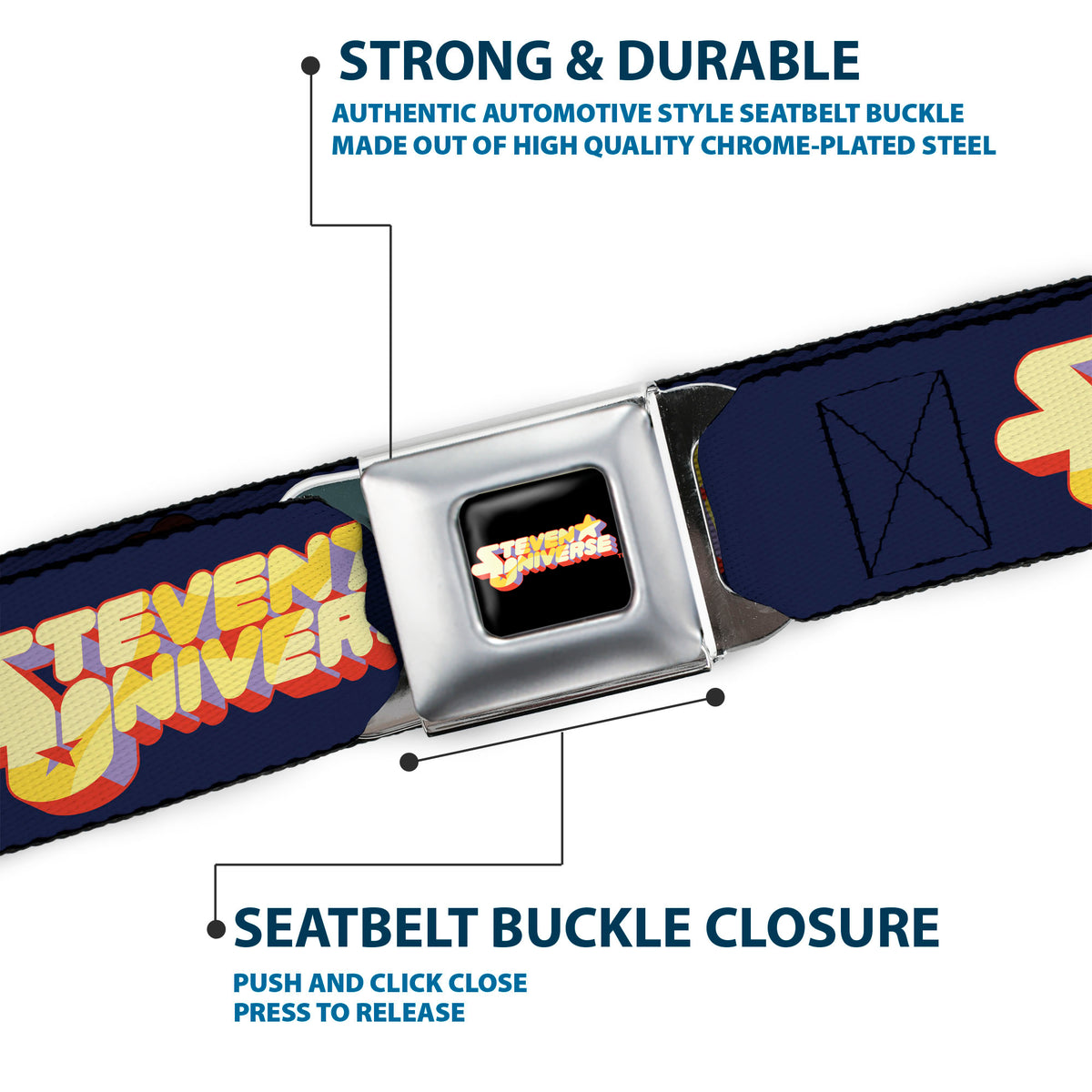 STEVEN UNIVERSE Title Logo Full Color Black Seatbelt Belt - STEVEN UNIVERSE Sitting Pose and Title Logo Navy Blue Webbing Seatbelt Belts Steven Universe