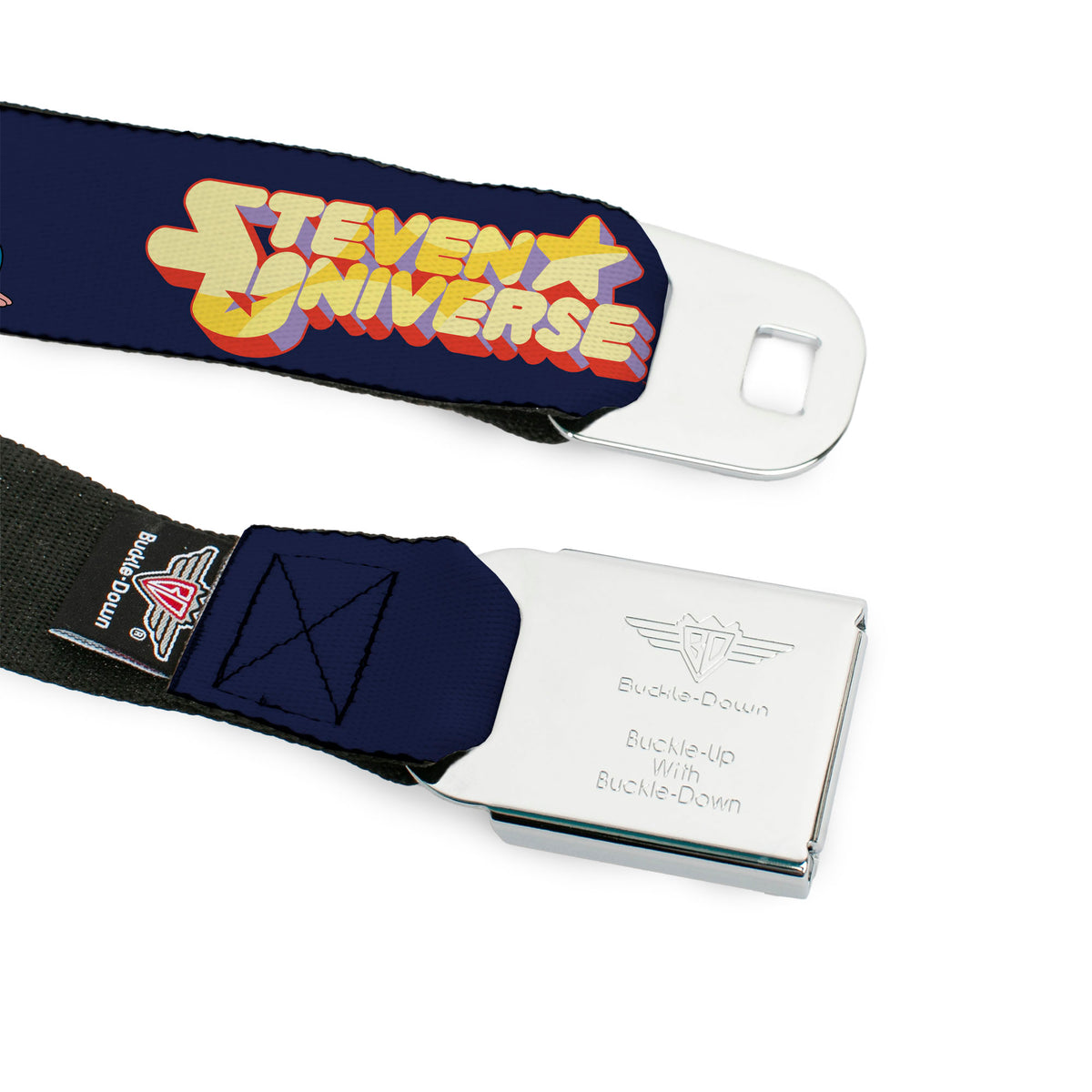 STEVEN UNIVERSE Title Logo Full Color Black Seatbelt Belt - STEVEN UNIVERSE Sitting Pose and Title Logo Navy Blue Webbing Seatbelt Belts Steven Universe