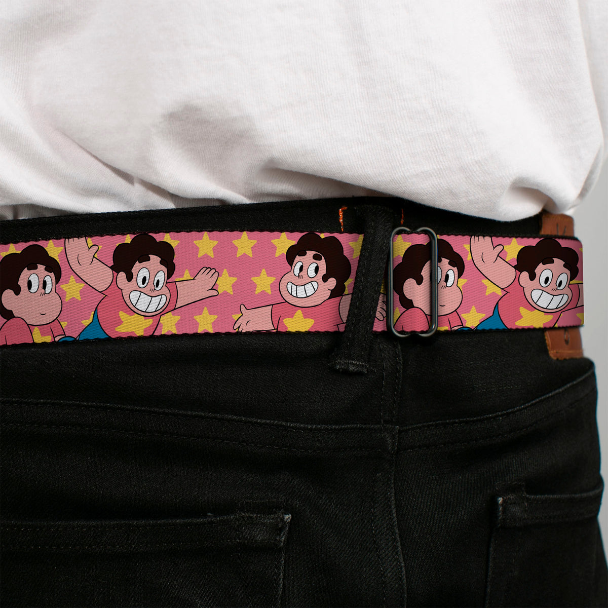 STEVEN UNIVERSE Title Logo Full Color Black Seatbelt Belt - Steven Universe Poses and Stars Pink/Yellow Webbing Seatbelt Belts Steven Universe