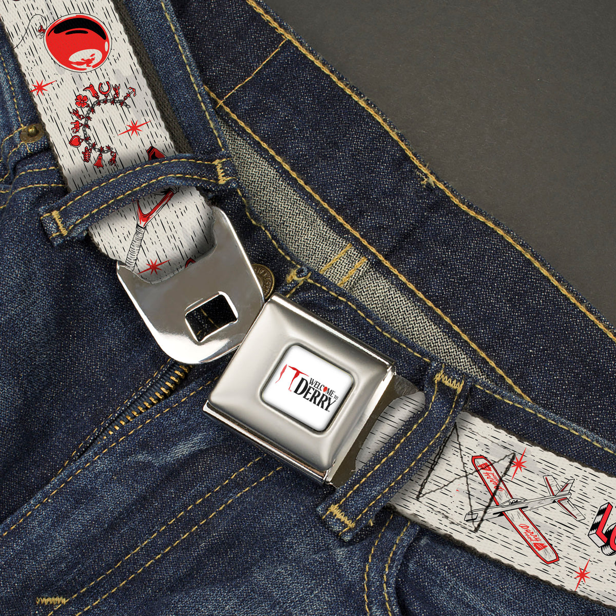 IT WELCOME TO DERRY Title Logo Full Color White Seatbelt Belt - IT Welcome to Derry Icons Collage White/Black/Red Webbing Seatbelt Belts IT