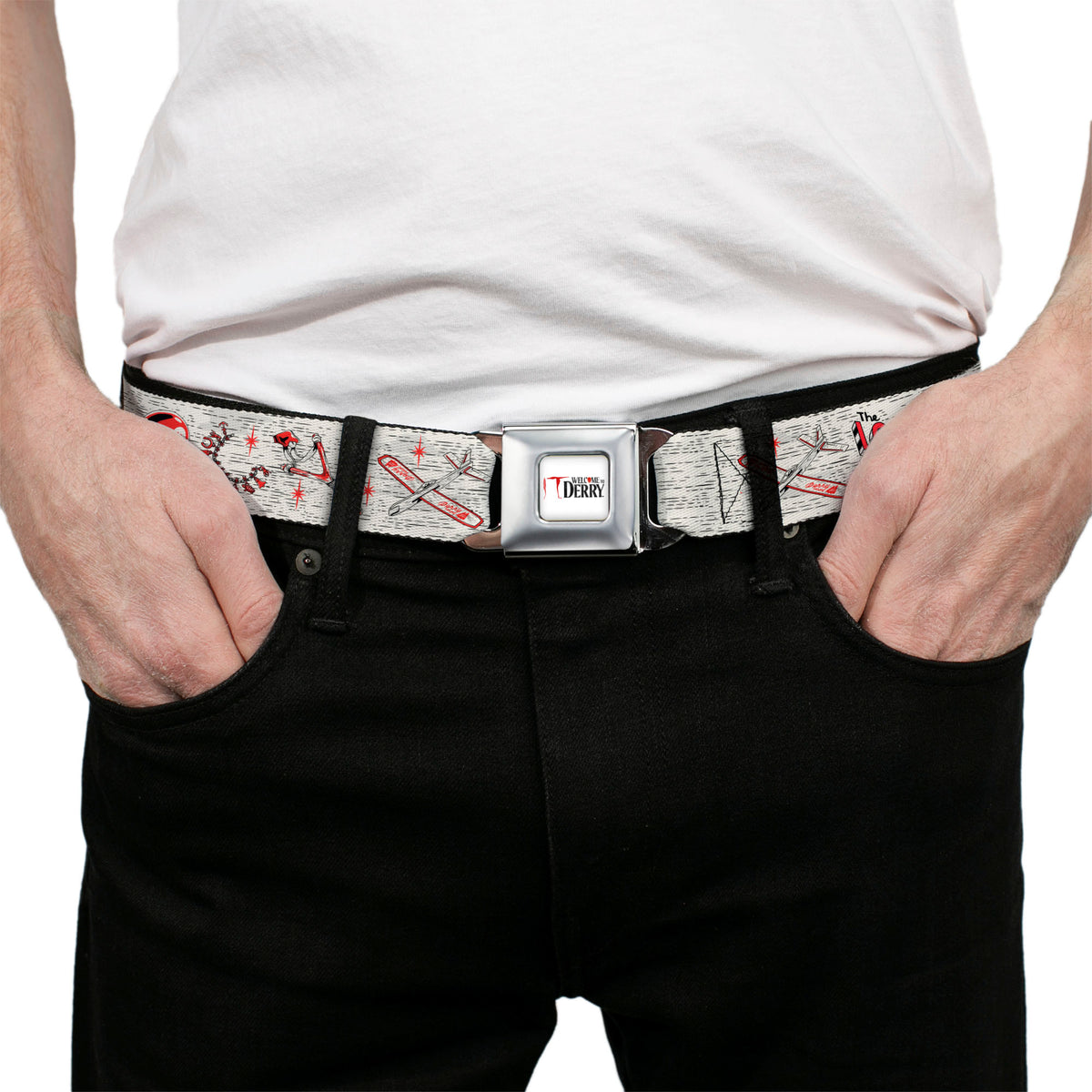 IT WELCOME TO DERRY Title Logo Full Color White Seatbelt Belt - IT Welcome to Derry Icons Collage White/Black/Red Webbing Seatbelt Belts IT