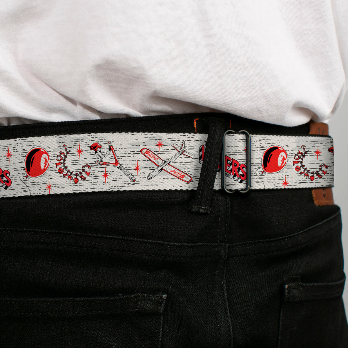 IT WELCOME TO DERRY Title Logo Full Color White Seatbelt Belt - IT Welcome to Derry Icons Collage White/Black/Red Webbing Seatbelt Belts IT