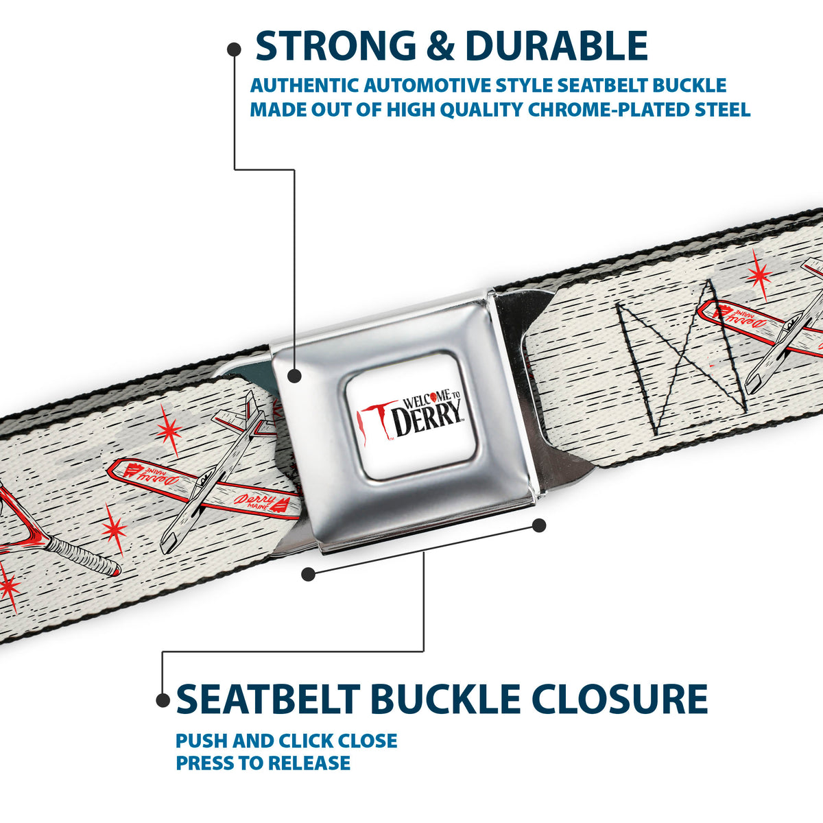 IT WELCOME TO DERRY Title Logo Full Color White Seatbelt Belt - IT Welcome to Derry Icons Collage White/Black/Red Webbing Seatbelt Belts IT
