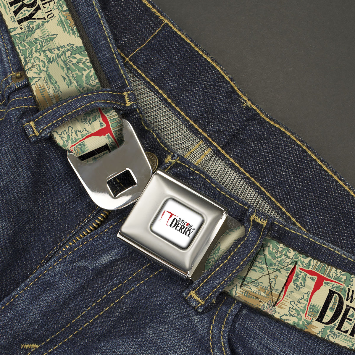 IT WELCOME TO DERRY Title Logo Full Color White Seatbelt Belt - IT WELCOME TO DERRY Forest Scenery and Title Logo Beige/Greens Webbing Seatbelt Belts IT