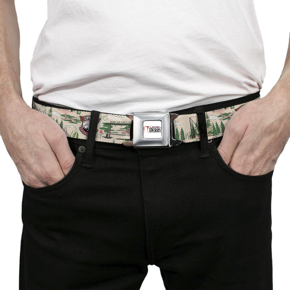 IT WELCOME TO DERRY Title Logo Full Color White Seatbelt Belt - IT Welcome to Derry Air Force Base and Forest Scenery Beige/Greens Webbing Seatbelt Belts IT