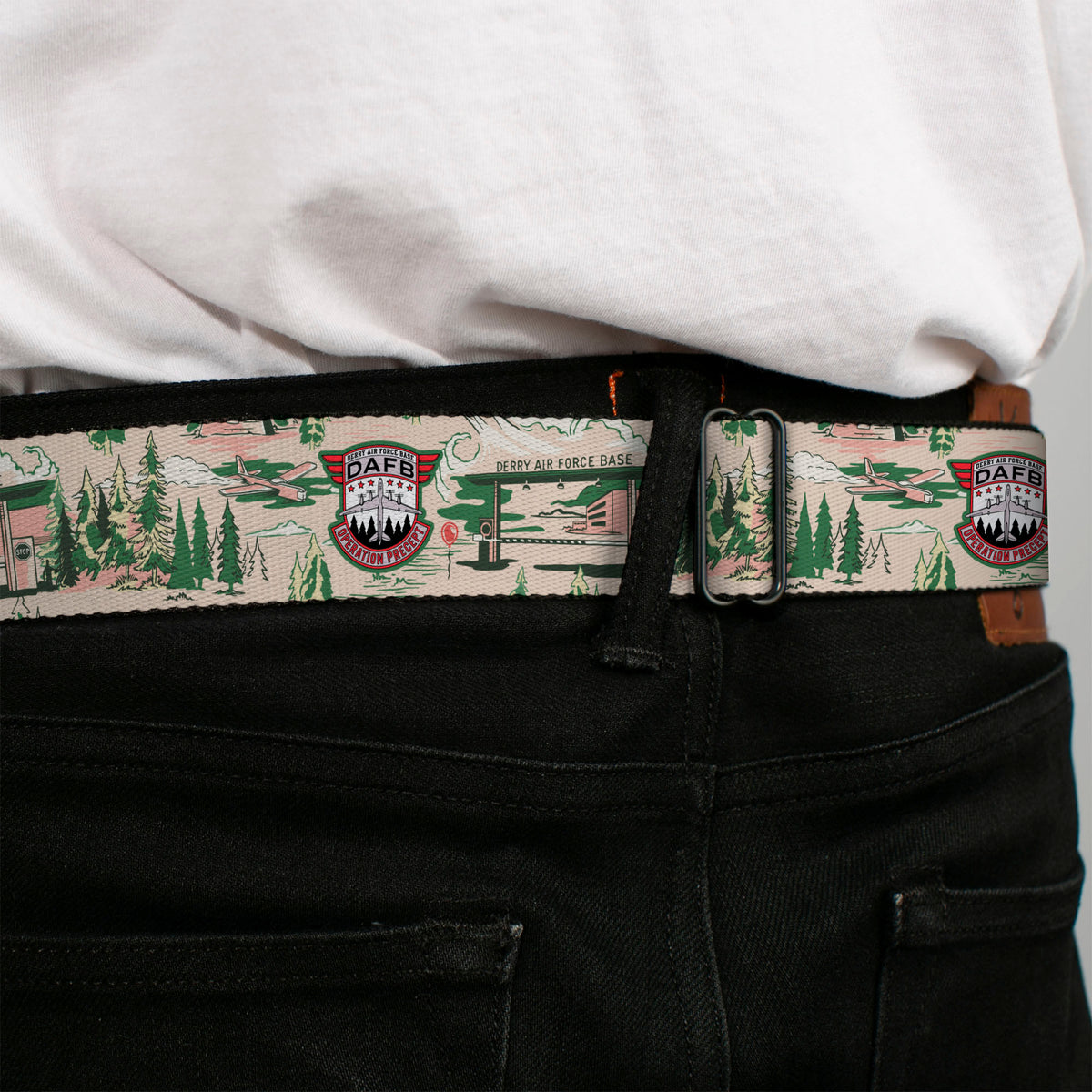 IT WELCOME TO DERRY Title Logo Full Color White Seatbelt Belt - IT Welcome to Derry Air Force Base and Forest Scenery Beige/Greens Webbing Seatbelt Belts IT