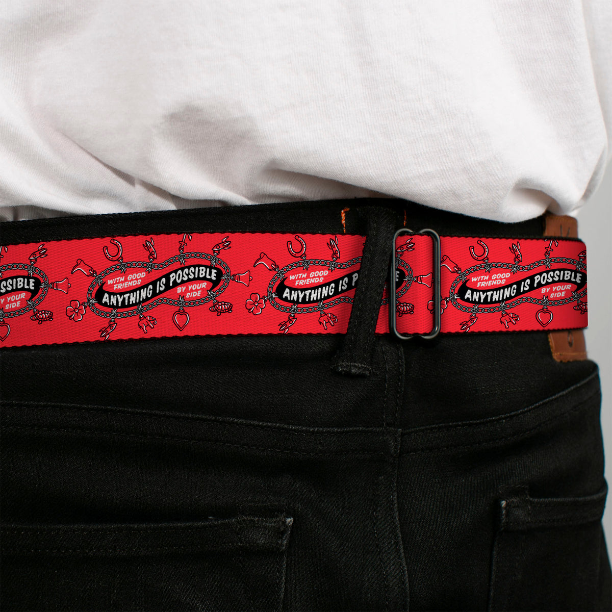 IT WELCOME TO DERRY Title Logo Full Color White Seatbelt Belt - IT Welcome to Derry ANYTHING IS POSSIBLE Charm Bracelet Red/Black/White Webbing Seatbelt Belts IT