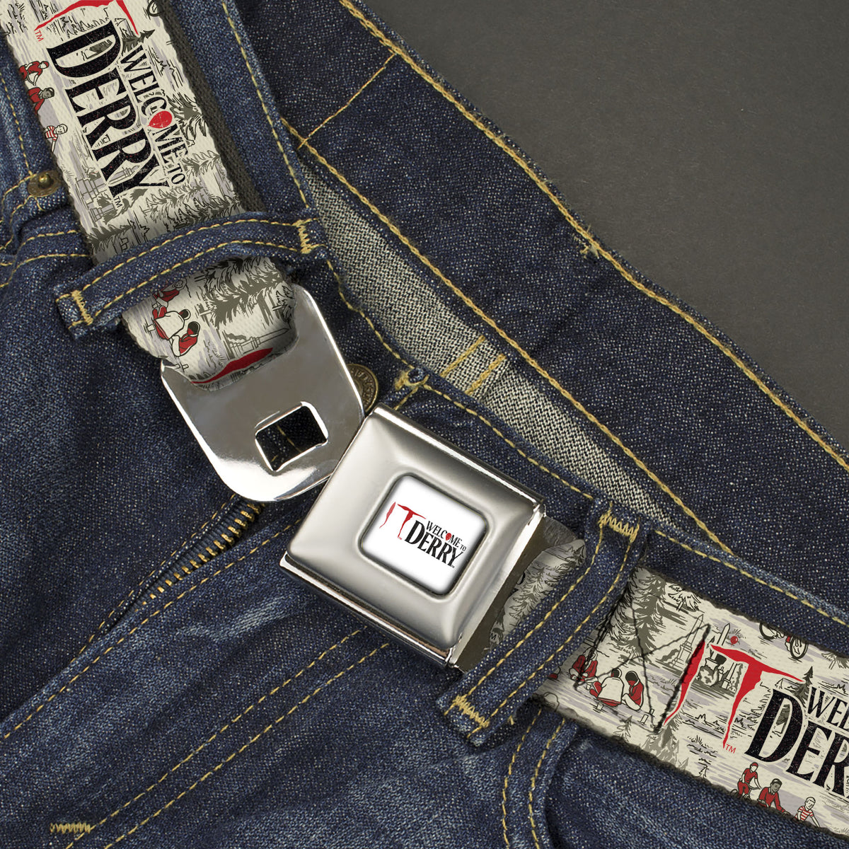 IT WELCOME TO DERRY Title Logo Full Color White Seatbelt Belt - IT WELCOME TO DERRY Camping Forest Scenery and Title Logo Beige/Grays Webbing Seatbelt Belts IT