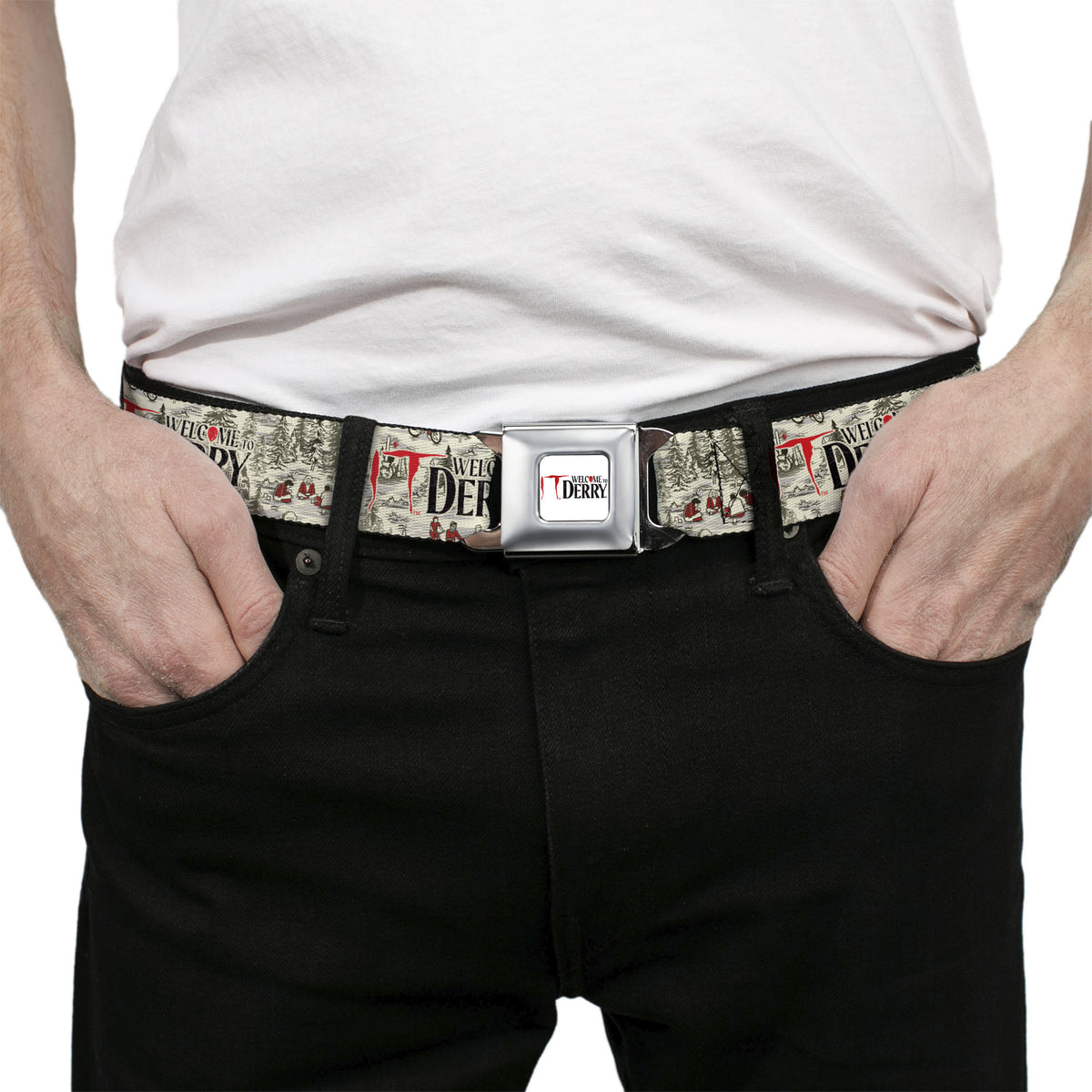 IT WELCOME TO DERRY Title Logo Full Color White Seatbelt Belt - IT WELCOME TO DERRY Camping Forest Scenery and Title Logo Beige/Grays Webbing Seatbelt Belts IT