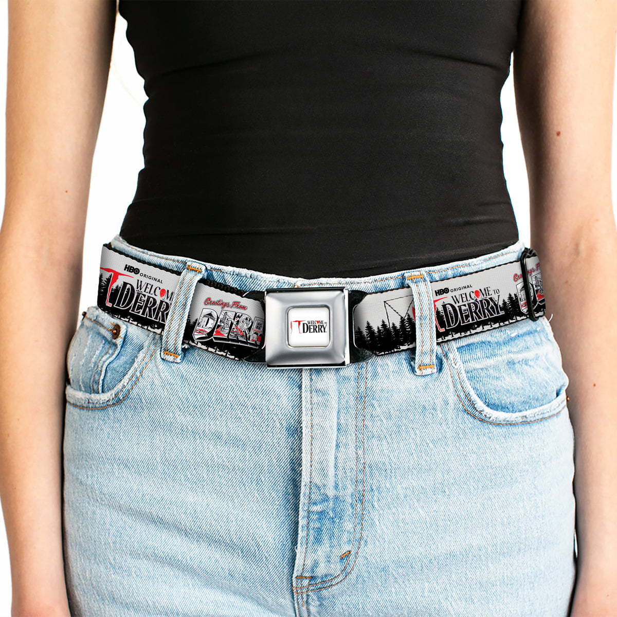 IT WELCOME TO DERRY Title Logo Full Color White Seatbelt Belt - IT WELCOME TO DERRY Icons and Forest Scenery White/Black/Red Webbing Seatbelt Belts IT