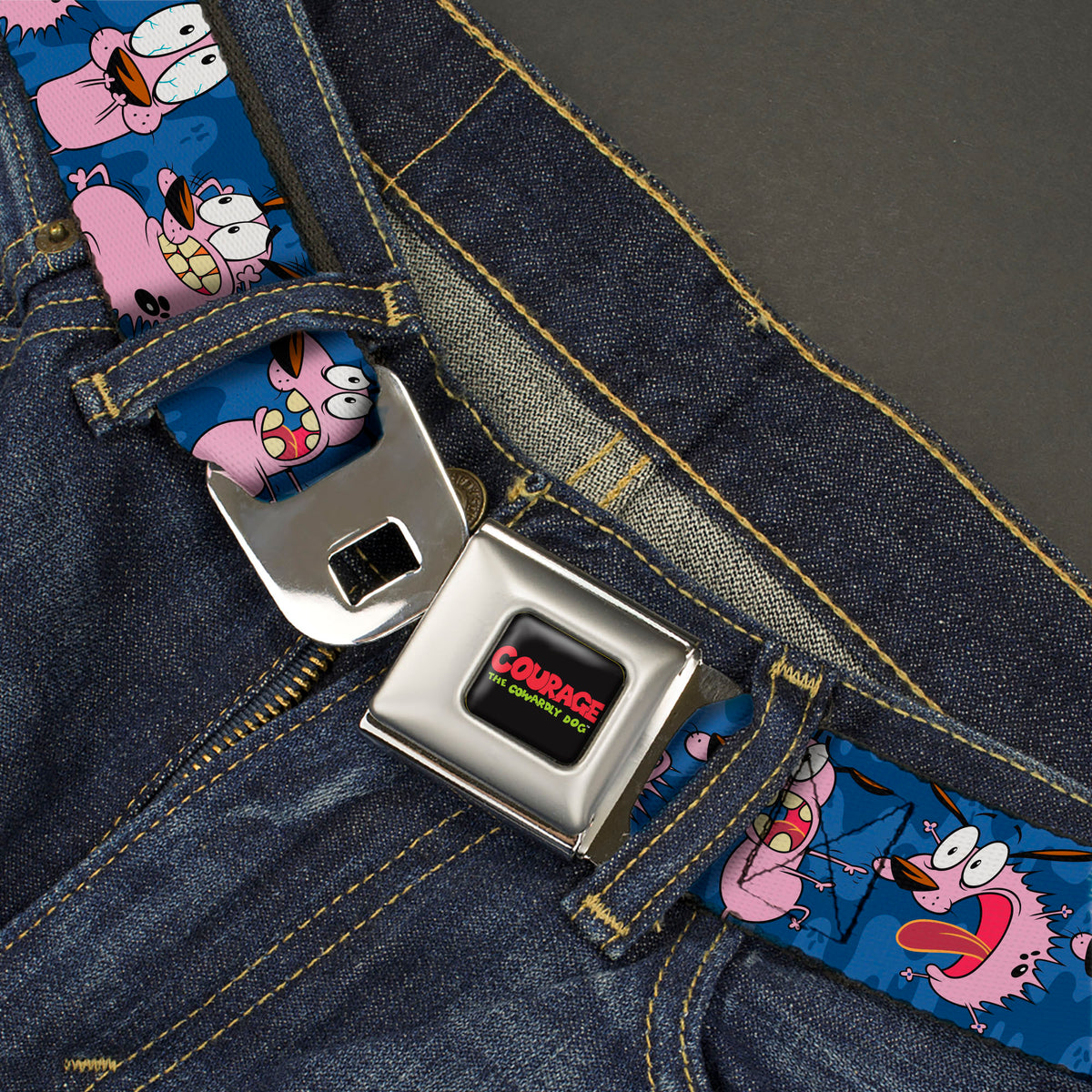 COURAGE THE COWARDLY DOG Title Logo Full Color Black/Red/Green Seatbelt Belt - Courage the Cowardly Dog Expression Poses Blues Webbing Seatbelt Belts Courage the Cowardly Dog