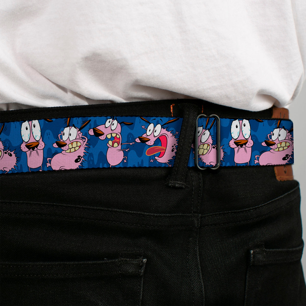 COURAGE THE COWARDLY DOG Title Logo Full Color Black/Red/Green Seatbelt Belt - Courage the Cowardly Dog Expression Poses Blues Webbing Seatbelt Belts Courage the Cowardly Dog