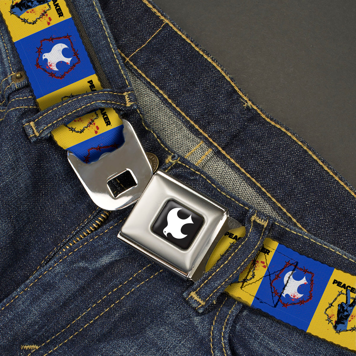 Peacemaker Dove Logo Full Color Black/White Seatbelt Belt - PEACEMAKER Peace Signal and Dove Symbol Blocks Blue/Yellow Webbing Seatbelt Belts DC Comics