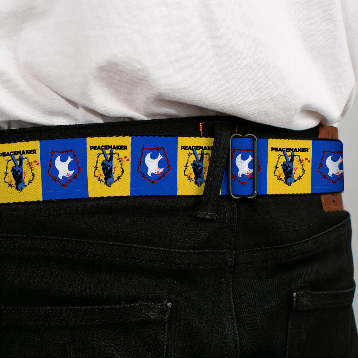 Peacemaker Dove Logo Full Color Black/White Seatbelt Belt - PEACEMAKER Peace Signal and Dove Symbol Blocks Blue/Yellow Webbing Seatbelt Belts DC Comics