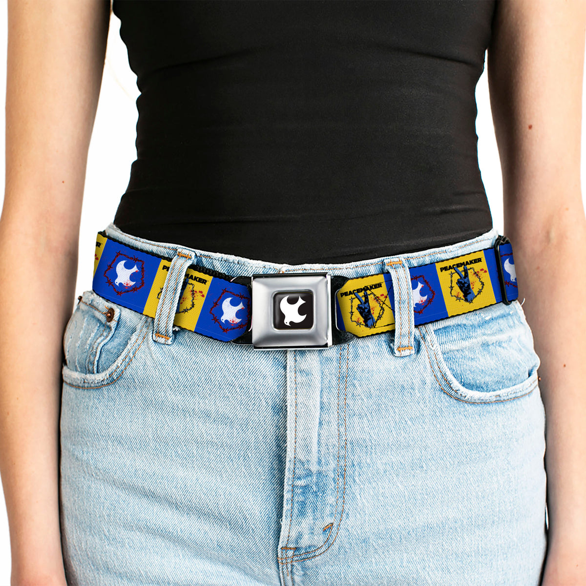 Peacemaker Dove Logo Full Color Black/White Seatbelt Belt - PEACEMAKER Peace Signal and Dove Symbol Blocks Blue/Yellow Webbing Seatbelt Belts DC Comics