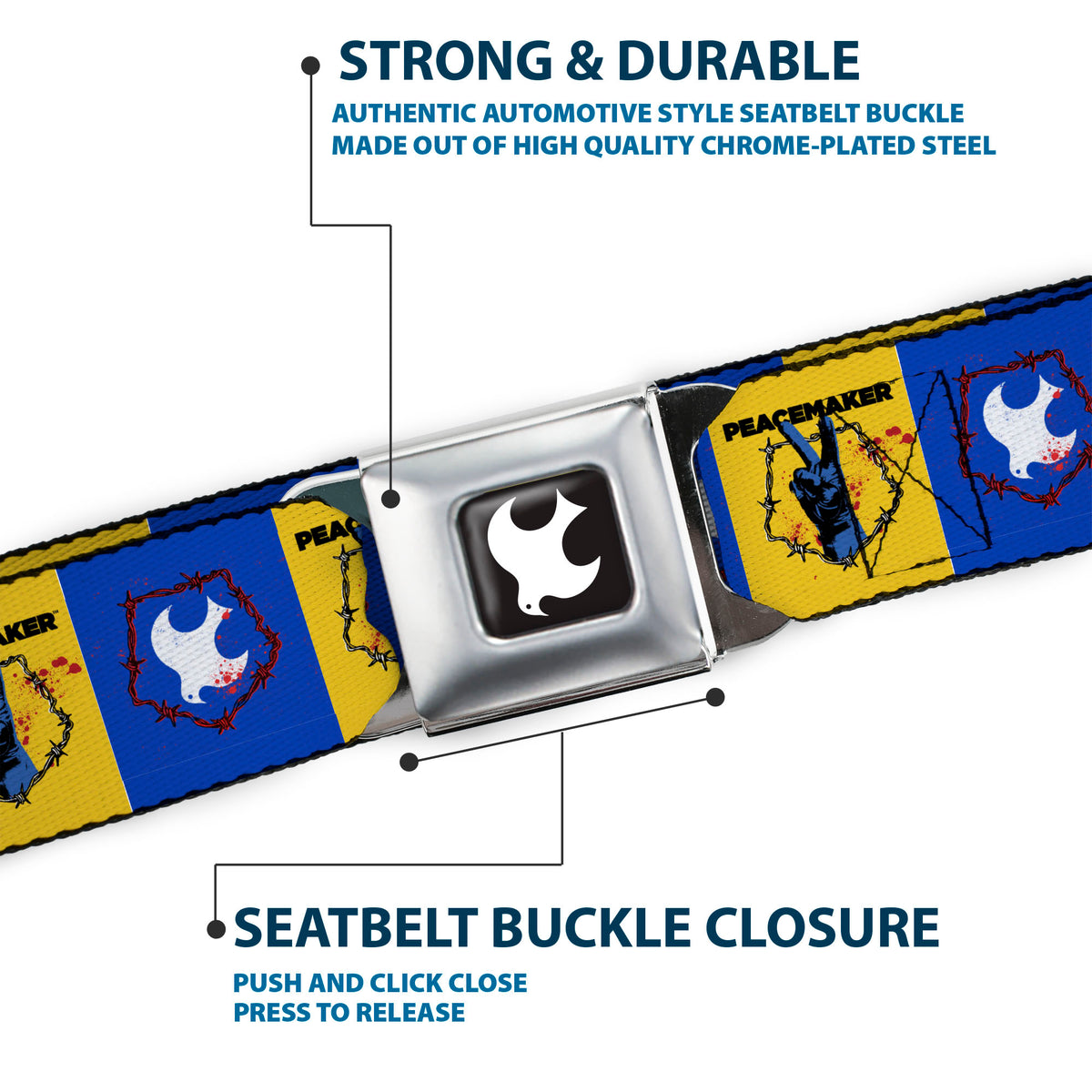 Peacemaker Dove Logo Full Color Black/White Seatbelt Belt - PEACEMAKER Peace Signal and Dove Symbol Blocks Blue/Yellow Webbing Seatbelt Belts DC Comics