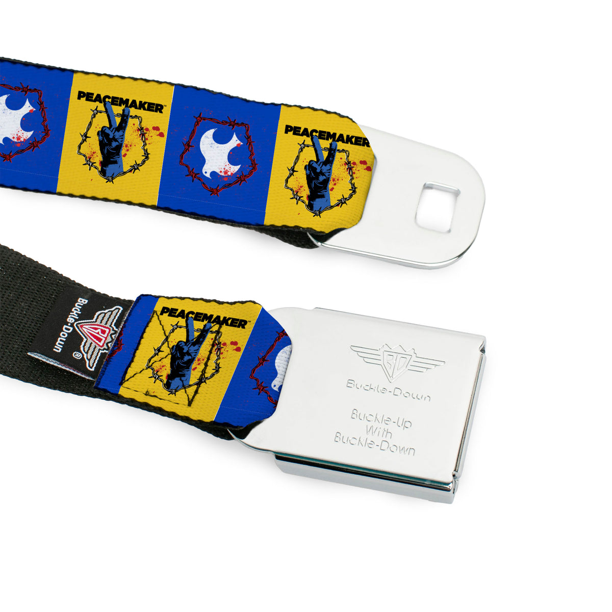 Peacemaker Dove Logo Full Color Black/White Seatbelt Belt - PEACEMAKER Peace Signal and Dove Symbol Blocks Blue/Yellow Webbing Seatbelt Belts DC Comics