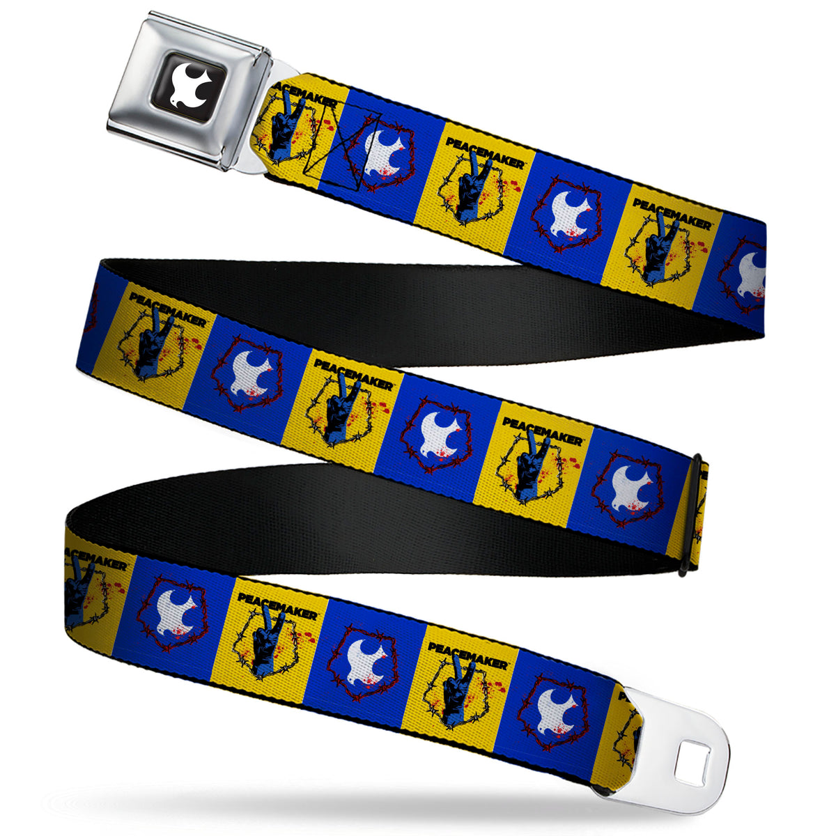 Peacemaker Dove Logo Full Color Black/White Seatbelt Belt - PEACEMAKER Peace Signal and Dove Symbol Blocks Blue/Yellow Webbing Seatbelt Belts DC Comics